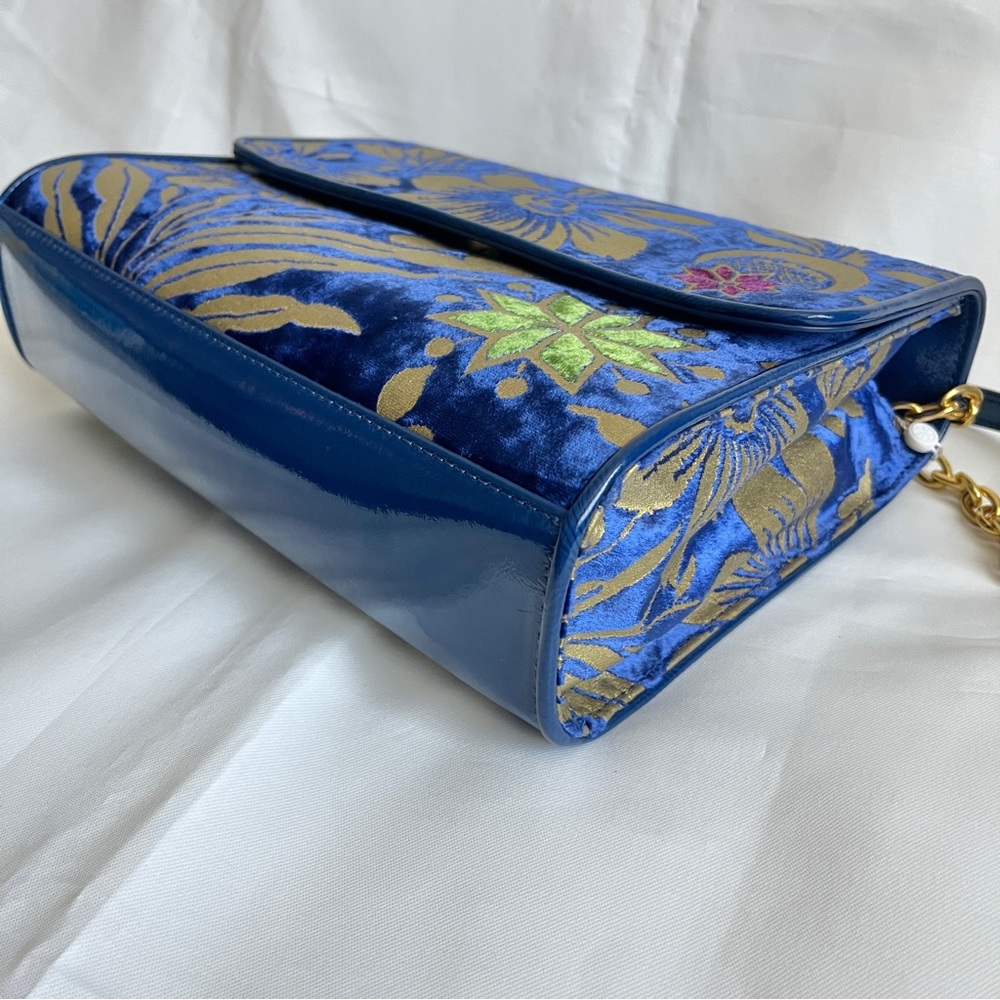 Tory Burch Blue and Gold Floral Velvet Shoulder Bag - Picture 4 of 10